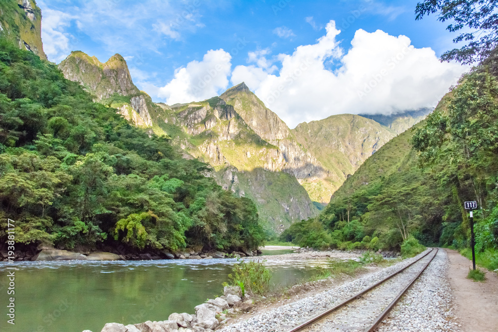 View and railway to Machu Picchu in South America