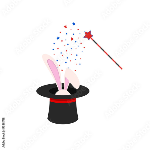 Easter rabbit in the magic hat. Vector illustration.