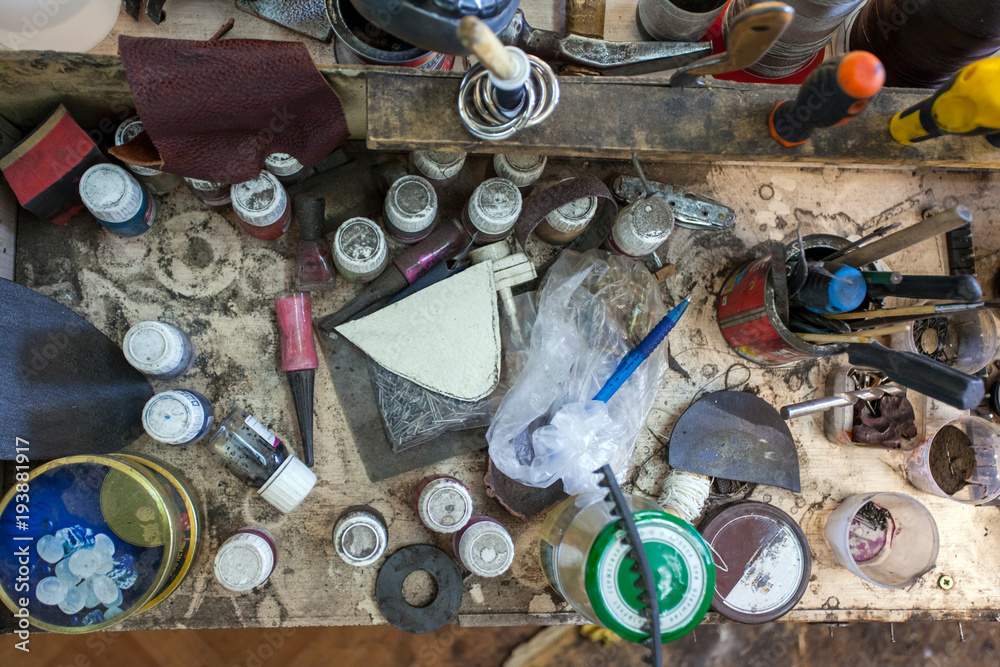 a workplace for a shoe repairman
