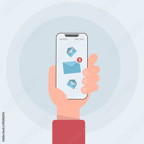 New email notification on mobile phone , smartphone screen with new unread e-mail message and read mail envelope icons.