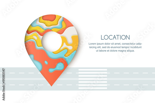 Road way location and GPS navigation concept. Paper cut style vector colorful illustration of pin map symbol, waypoint marker. photo