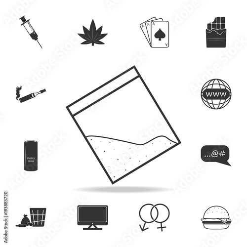 Drug cocain in plastic bag with zipper icon. Set of Human weakness and Addiction element icon. Premium quality graphic design. Signs, outline symbols collection icon for websites
