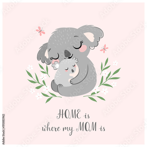 Mother's day greeting card or poster with cute koala mother and baby on pink background.