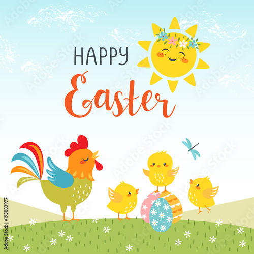 Easter background of cute chicks with happy sun and hand drawn text.
