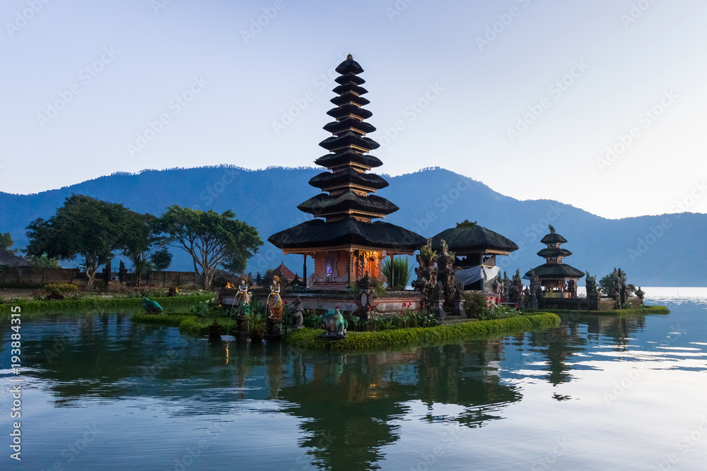Pura Ulu Danau Bratan Temple in Bali. Early morning, sunrise, twilight, nobody