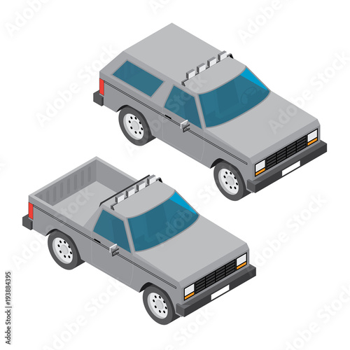 Isometric pickup and suv car illustration on white background