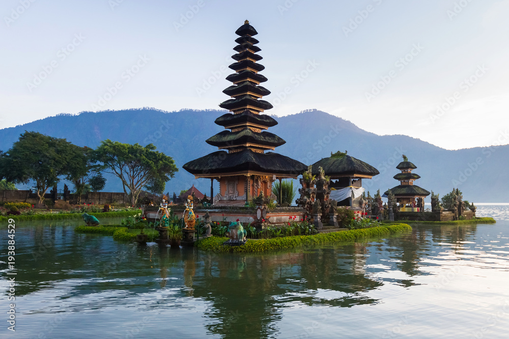 Pura Ulu Danau Bratan Temple in Bali. Early morning, sunrise, twilight, nobody Pura Ulu Danau Bratan Temple in Bali. Early morning, sunrise, twilight, nobody