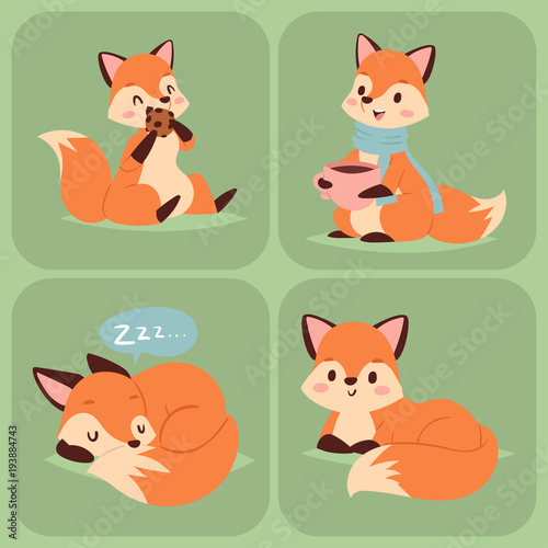 Fox character doing different foxy activities funny happy nature red tail and wildlife orange forest animal style graphic vector illustration.