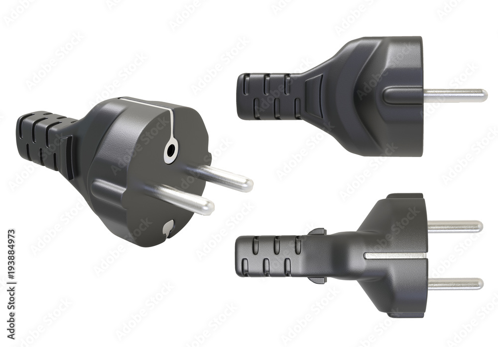 Power plug on white background. Black plug power. 3D rendering. Power plug on white background. Black plug power. 3D rendering.