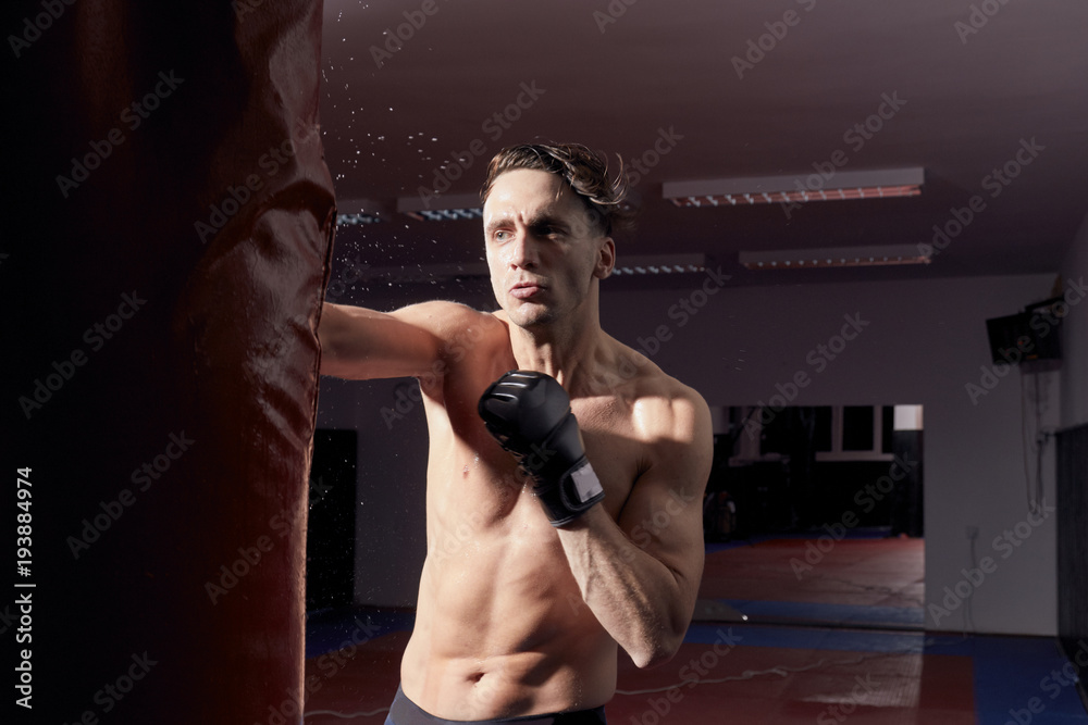 one agressive boxer, upper body shot. boxing gloves, punching boxing bag.