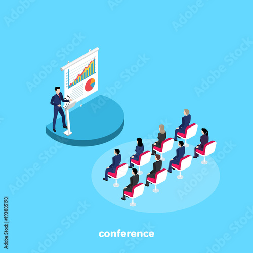 a man in a business suit speaks to the listeners at a conference, an isometric image