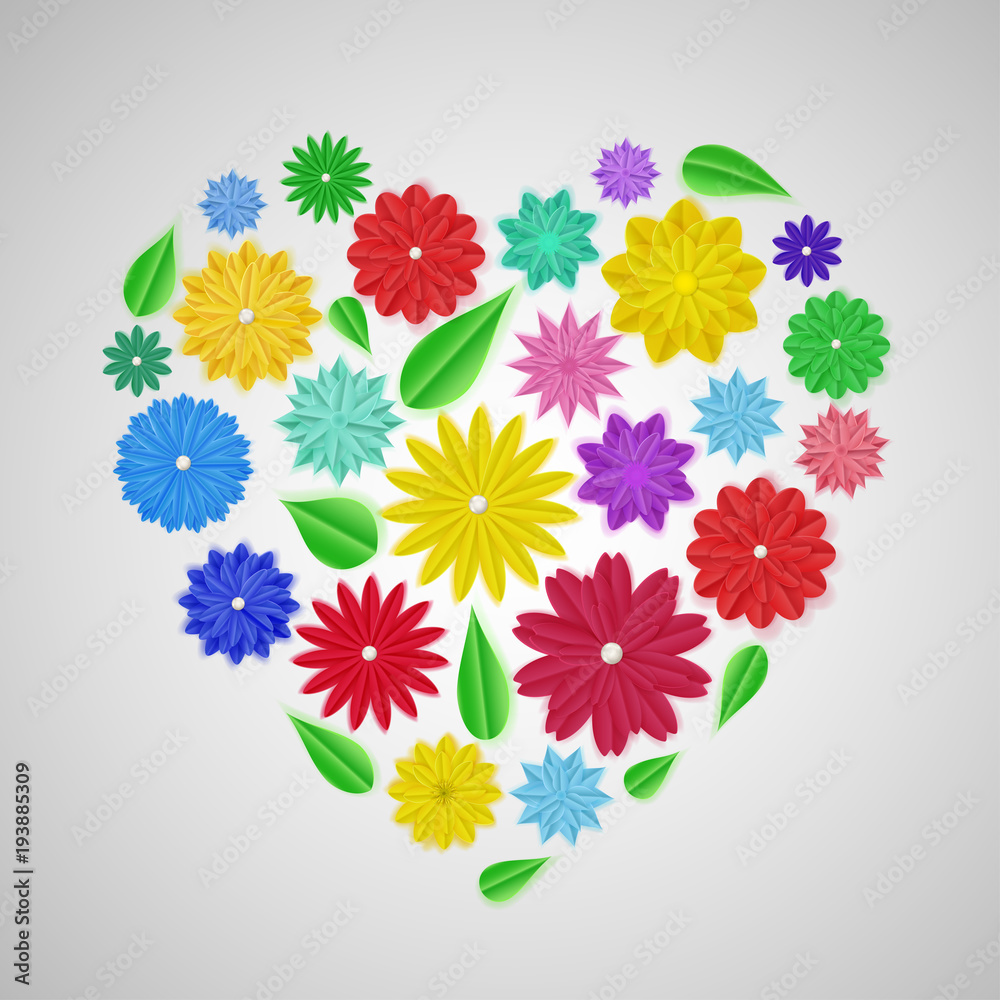Heart of colorful paper flowers with shadows