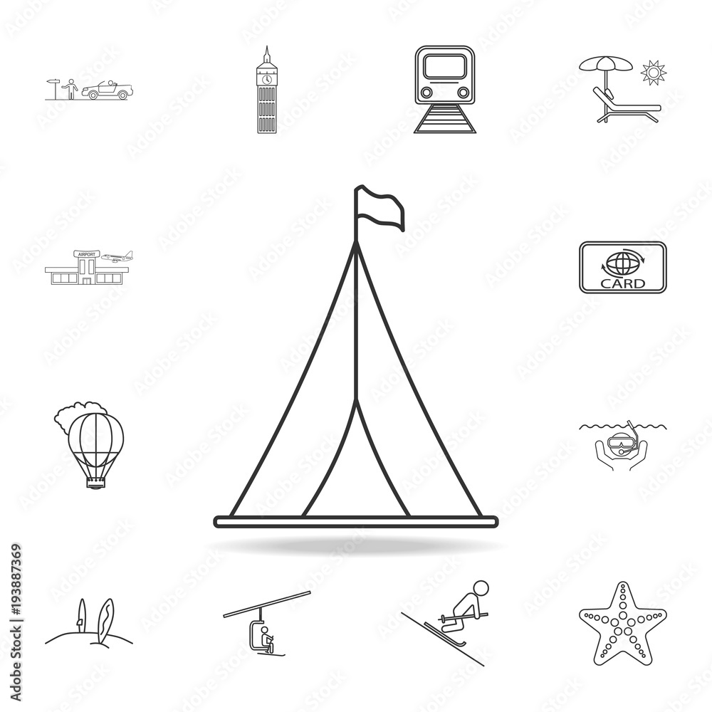Tourist tent with flag line icon. Set of Tourism and Leisure icons. Signs, outline furniture collection, simple thin line icons for websites, web design, mobile app, info graphics