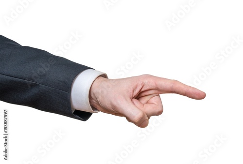 Hand of businessman is pointing right. Isolated on white background.