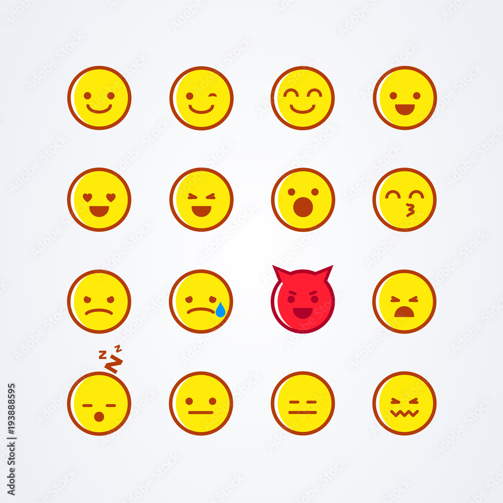 Vector illustration abstract isolated funny cute flat style emoji emoticon icon set with different moods on background