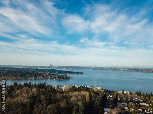 Aerial landscape view of Lake Washington, downtown Seattle