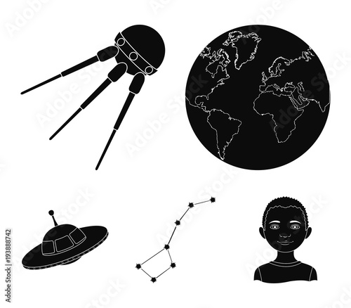 Planet Earth with continents and oceans, flying satellite, Ursa Major, UFO. Space set collection icons in black style vector symbol stock illustration web.
