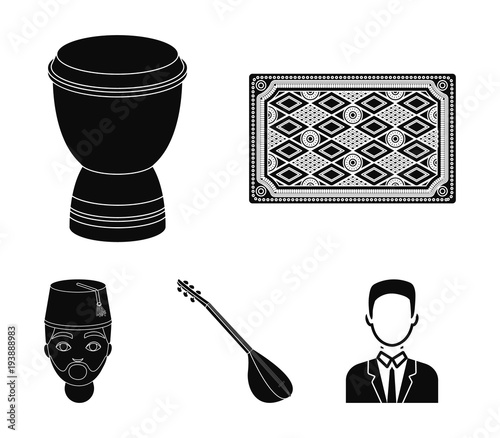 Turkish carpet, saz, drum, turkish men.Turkey set collection icons in black style vector symbol stock illustration web.
