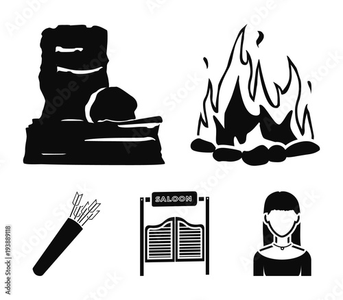 A bonfire, a door to a saloon, a quiver with arrows, a rock.Wild west set collection icons in black style vector symbol stock illustration web.