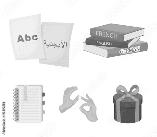 A pile of books in different languages, sheets of paper with translation, a gesture of deaf mutes, a notebook with text. Interpreter and translator set collection icons in monochrome style vector