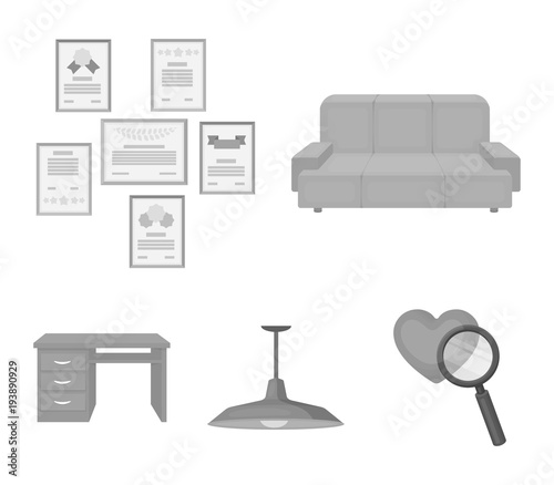 Comfortable sofa, letters and diplomas within the framework, an office ceiling lamp, a desk with drawers. Office Furniture set collection icons in monochrome style vector symbol stock illustration web