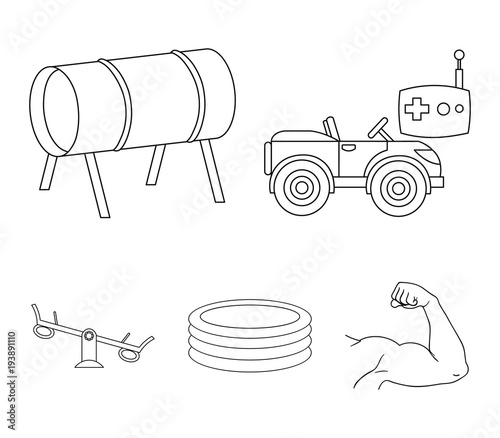 Machine for radio control, tunnel, trampoline, swing. Playground set collection icons in outline style vector symbol stock illustration web.