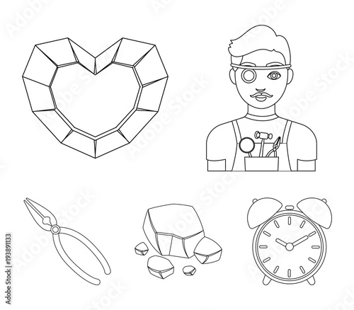 Jeweler, pliers, gold ore, garnet in the form of heart. Precious minerals and jeweler set collection icons in outline style vector symbol stock illustration web.