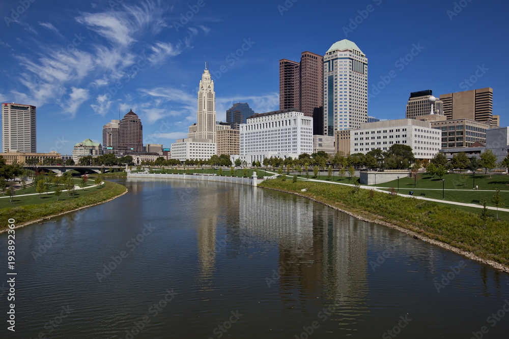 Columbus, Ohio was built along the Scioto River in the downtown district.  The Scioto Mile includes a path for recreation in this urban riverfront setting.