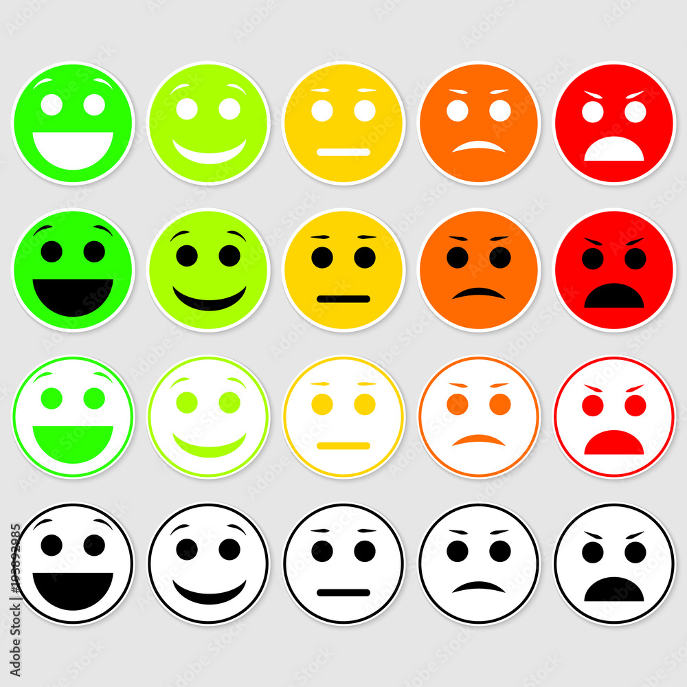 Set of Emoticons. Emoji level, rank, load. Excellent, good, normal, bad, awful. Set of Emoticons. Emoji level, rank, load. Excellent, good, normal, bad, awful.