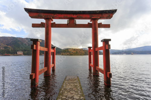 Hakone shrine s gate and lake Ashi
