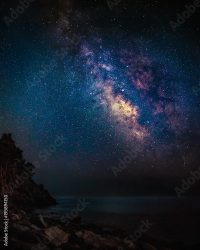 Milky way over the seashore. Long time exposure night landscape with milky way galaxy above the aegean sea.Center of milky way galaxy on dark night sky