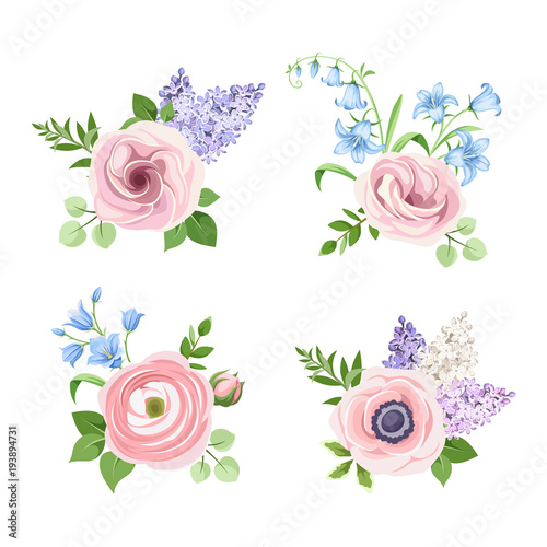 Vector set of pink, blue and purple flowers isolated on a white background.