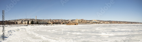 Panorama of Duluth waterfront with The Cribs on Lake Superior, Minnesota