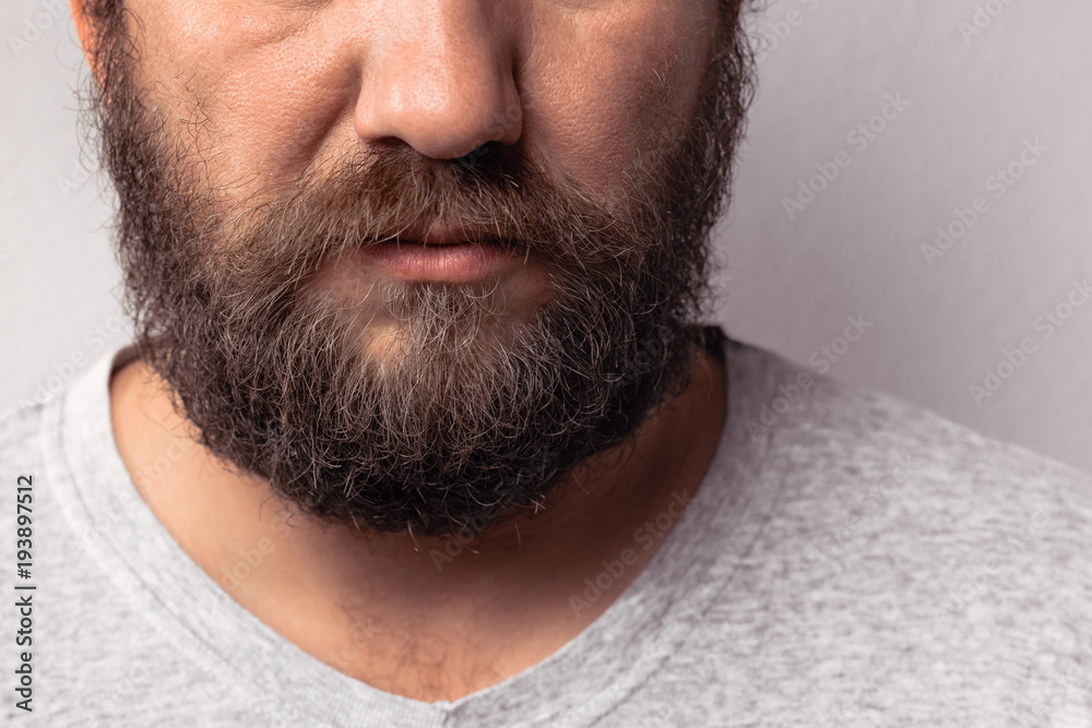 Obraz premium Long beard and mustache of handsome bearded man, portrait of bearded man in gray t-shirt against gray wall.