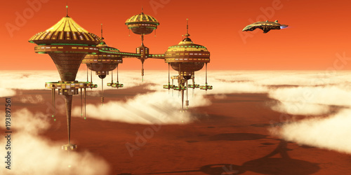 Valokuva Mars Upper Atmosphere Station - A Mars planet colony in the upper atmosphere orbits around the red planet as Earth scientists study it