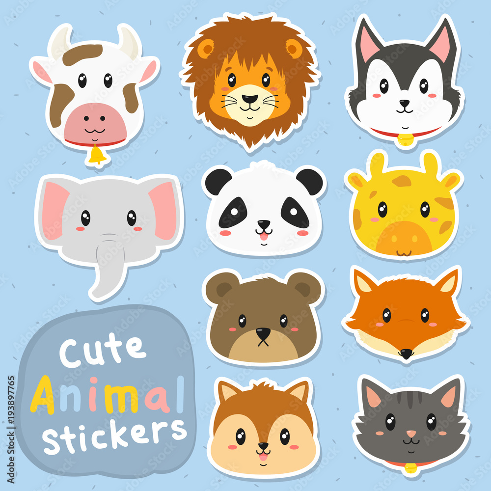 cute and funny animals stickers vector set. printable cute animals stickers  template cartoon vector. Stock Vector | Adobe Stock