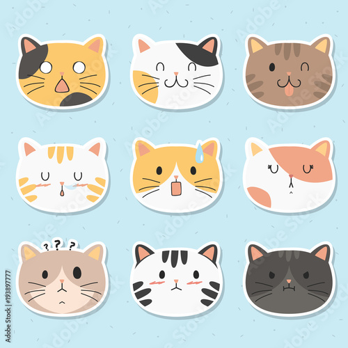 cute cats face stickers pack. cute cats with different emotions cartoon vector pack. printable stickers template vector.