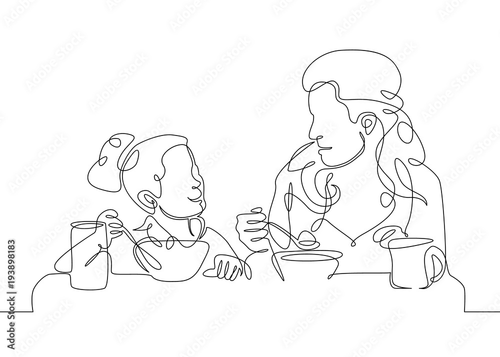 Continuous single line one morning, breakfast, meal character at the table. Coffee, fried eggs, tea, toast, juice.Girl daughter with mother woman having breakfast together