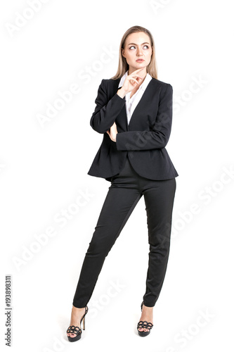 Businesswoman standing and thinking for work isolated on white background.