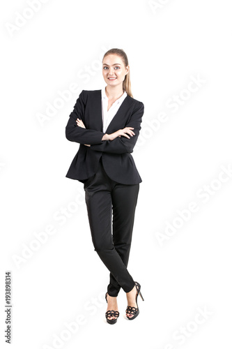 Businesswoman standing with smile isolated on white background.