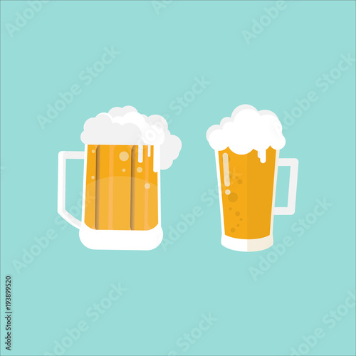 glass of beer and mug on background