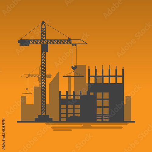 silhouette building site work process under construction with cranes and machines