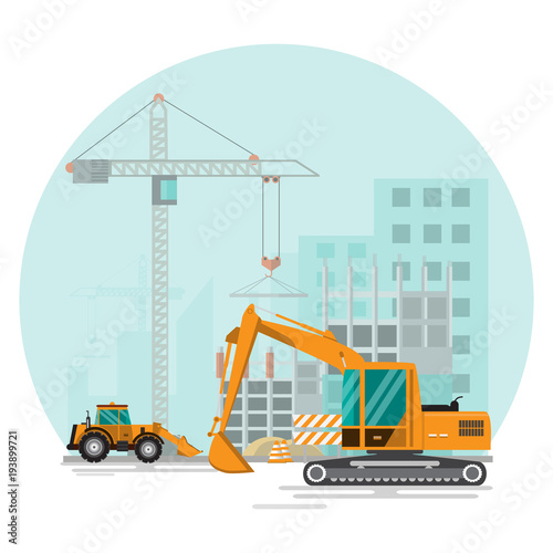 Building site work process under construction with cranes and machines