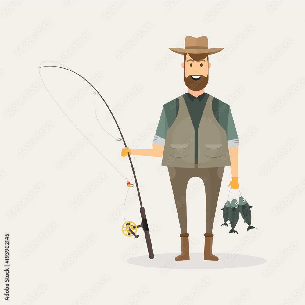 Fisherman character holding a big fish and a fishing rod with lake and  river landscape Stock Vector