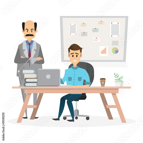 Angry big Boss looks at the employee in the office