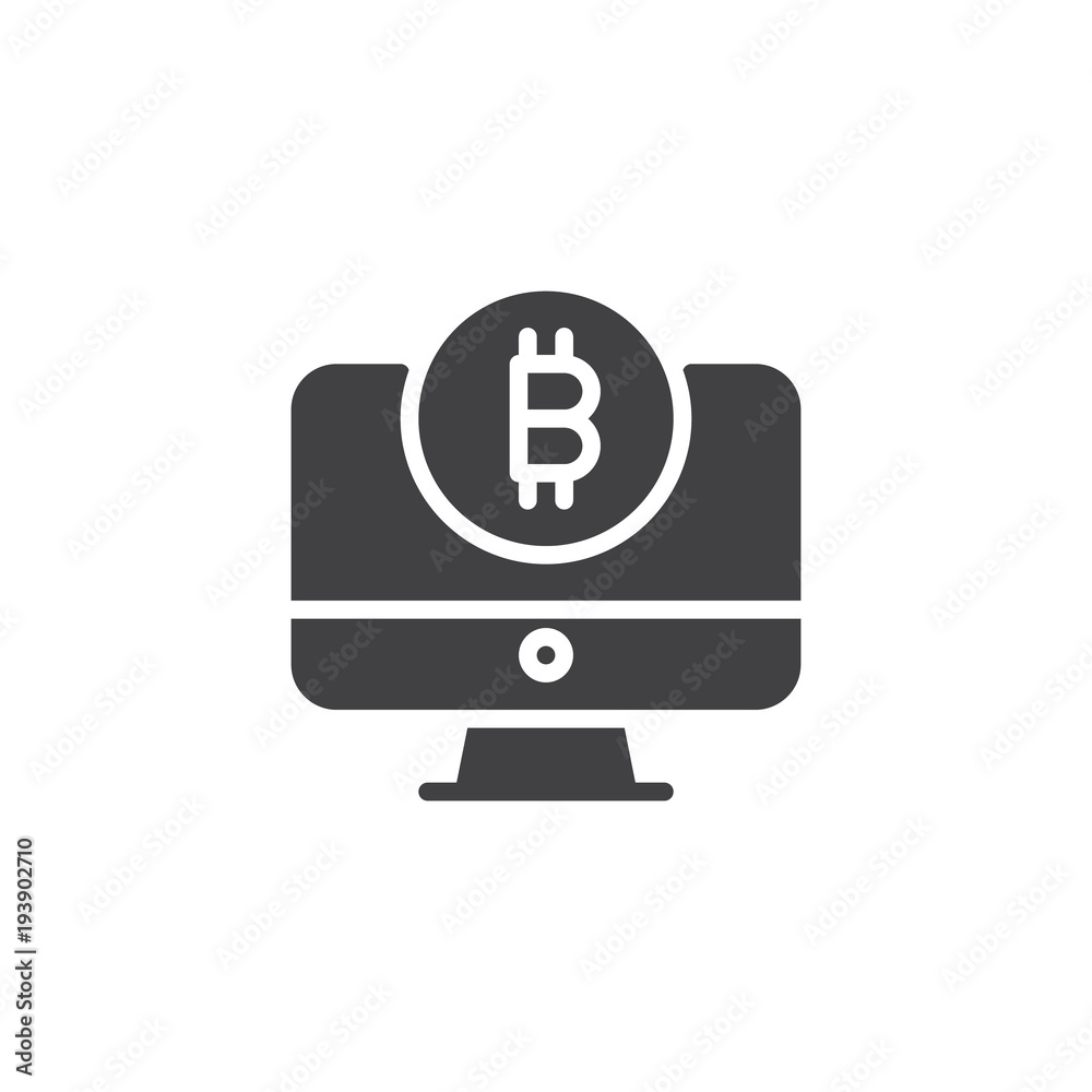 Computer monitor with bitcoin vector icon. filled flat sign for mobile concept and web design. Mining crypto virtual money simple solid icon. Cryptocurrency symbol, logo illustration. Vector graphics Computer monitor with bitcoin vector icon. filled flat sign for mobile concept and web design. Mining crypto virtual money simple solid icon. Cryptocurrency symbol, logo illustration. Vector graphics