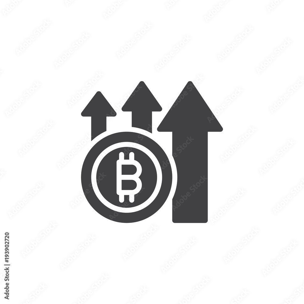 Bitcoin with up arrows vector icon. filled flat sign for mobile concept and web design. Crypto currency money growth simple solid icon. Symbol, logo illustration. Pixel perfect vector graphics Bitcoin with up arrows vector icon. filled flat sign for mobile concept and web design. Crypto currency money growth simple solid icon. Symbol, logo illustration. Pixel perfect vector graphics