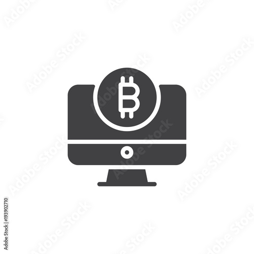 Computer monitor with bitcoin vector icon. filled flat sign for mobile concept and web design. Mining crypto virtual money simple solid icon. Cryptocurrency symbol, logo illustration. Vector graphics