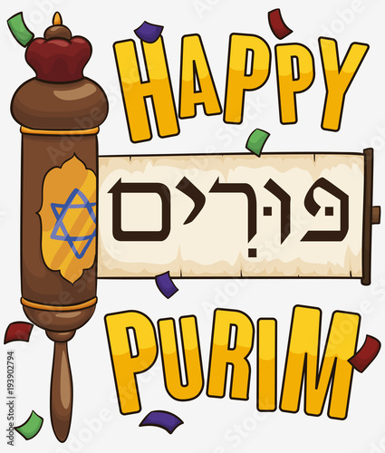 Jewish Scroll of Esther under Confetti to Celebrate Purim, Vector Illustration