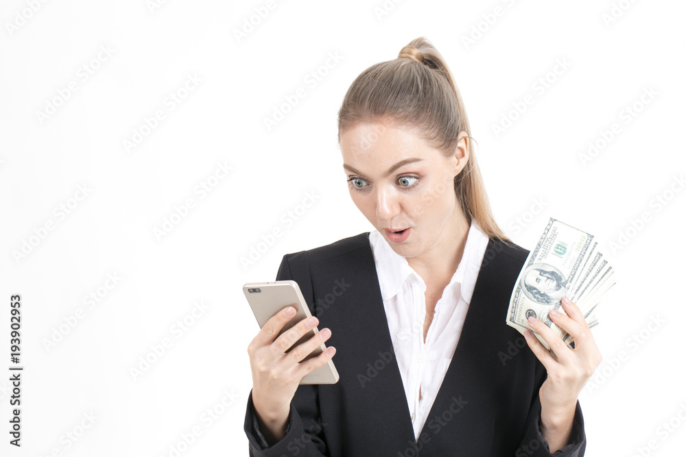Businesswoman receive money from smartphone, online business, cash back with smile isolated on white background. Businesswoman receive money from smartphone, online business, cash back with smile isolated on white background.
